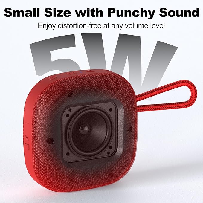 Bobtot Portable Bluetooth Speakers Wireless - IPX7 Waterproof Shower Speaker with 16 Hours Playtime, Loud Stereo Sound, TWS, Built-in Mic, Mini Size with Lanyard to Carry, Red