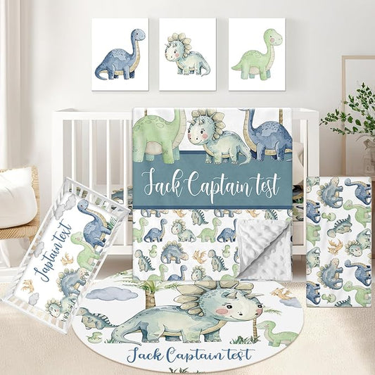 Custom Baby Crib Bedding Set, 5 Pcs Personalized Name Green Dino Baby Crib Set for Kid Infant Toddler, Double Layer Customized Present