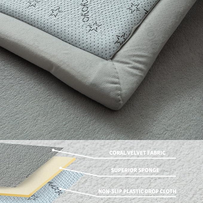 MAXYOYO Grey Coral Velvet Area Rug, Thick Japanese Tatami Mat Living Room Carpet with Non-Slip Backing, Large Solid Color Mat for Bedroom Dormitory Yoga, 59 by 78 inch