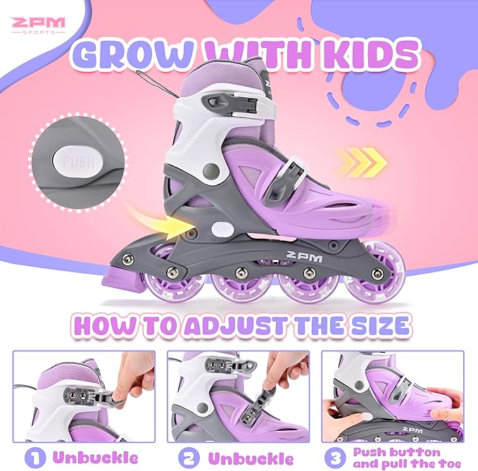 2PM SPORTS Inline Skates with Light Up Wheels, Roller Skates Blades for Boys Girls Kids Ages 5-8 8-12 4-6 6-12, Size Adjustable Beginner Blades Roller Skates