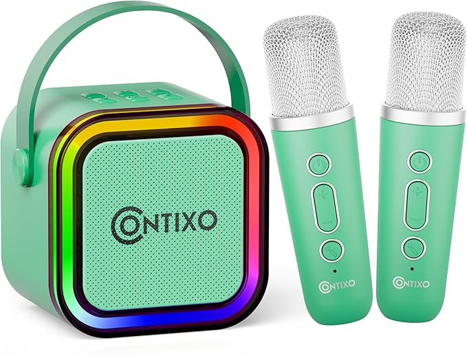 Contixo KS1A Kids Mini Karaoke Machine with LED Lights, 7–10H Playback, Dual Wireless Mics, Magic Voice Effects, Bluetooth Speaker for Children, Portable Singing Toy Gift for Boys & Girls, Green