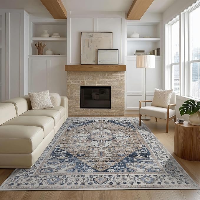 Washable Area Rugs 8x10, Large Rugs for Living Room, Carpet for Bedroom, Soft Faux Wool Retro Dining Room Rug, Non-Slip Backing Resistant Low Pile Vintage Print Rug for Home Office (Taupe/Blue)