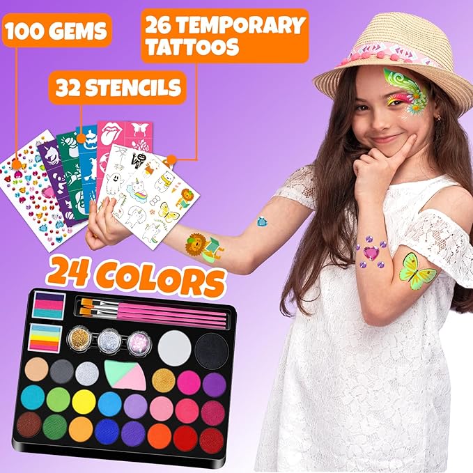 Face Painting Kit for Kids - 24 Colors Water Based Non Toxic Face Paint Kit, Professional Face Paint for Kids with Stencils & Brushes - Parties, Birthdays, Halloween Face Body Makeup Kit