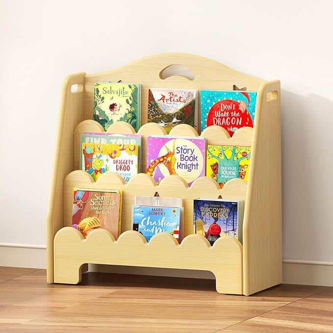 3-Tier Montessori Wooden Bookshelf for Kids, Toddler Book Rack Toy Organizer and Storage, Small Book Display Stand for Baby, Bookshelves Furniture for Classroom, Nursery, Playroom, Library