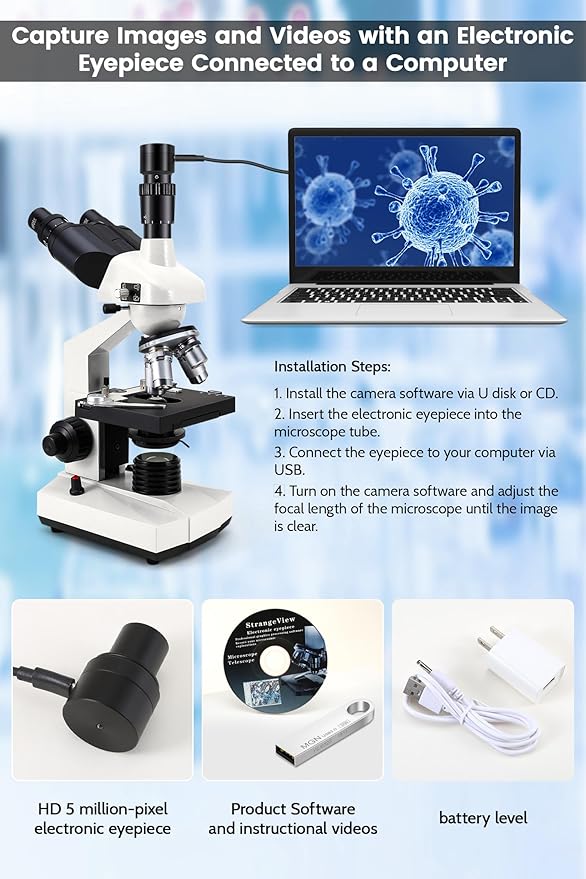 40X-5000X Compound trinocular Microscopes trinocular for Adults, with 5.0 mp Camera with Microscope Slides 30p, Microscope Accessories, Microscopes for School Laboratory Home Education Abbe Condenser
