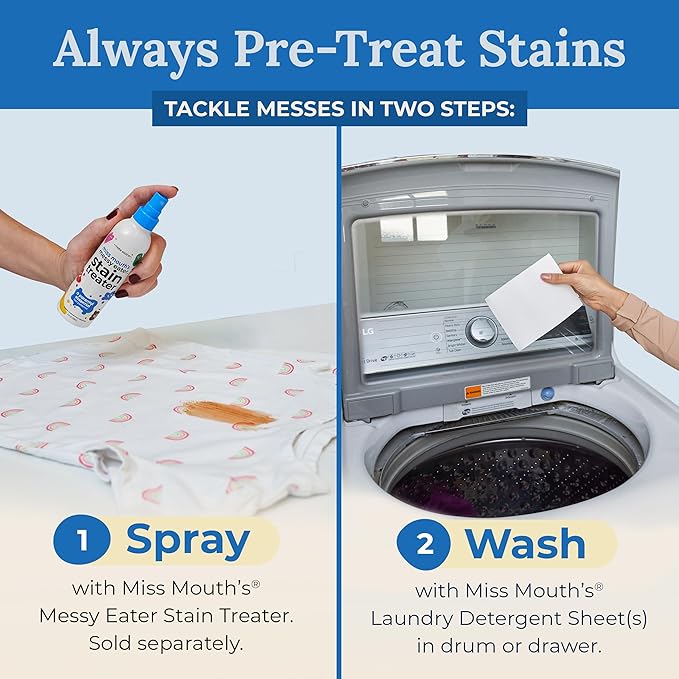 Miss Mouth's Messy Eater Laundry Detergent Sheets - Laundry Detergent, Hypoallergenic, Sensitive Skin Safe, Pediatrician and Dermatologist Tested, Fragrance Free, Travel Friendly, 60 loads