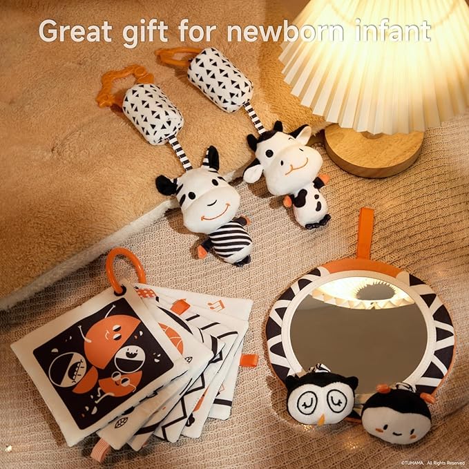 TUMAMA Black and White Baby Toys, High Contrast Tummy Time, Newborn Soft Books Mirror Rattles, Montessori Sensory 0-12 Months, Hanging Infant for Carseat Stroller Play Mat Crib