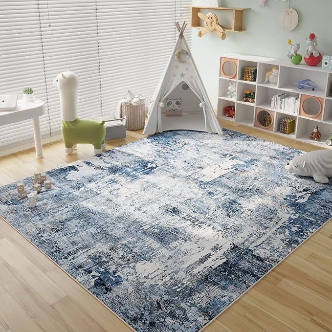 8x10 Rug Washable Boho Rug Soft Large Area Rug Non-Slip Non-Shedding Faux Wool Vintage Rug for Living Room, Farmhouse, Dining Room, Indoor, Kids Playroom, Blue