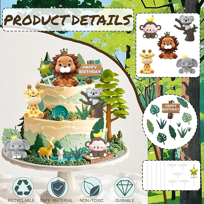22PCS Safari Animal Cake Toppers & Wild One Birthday Decorations - Jungle Cake Topper with Leaves for Animal Themed Birthday Party Decorations, Safari Cake Decorations for Zoo Theme Cakes Accessories