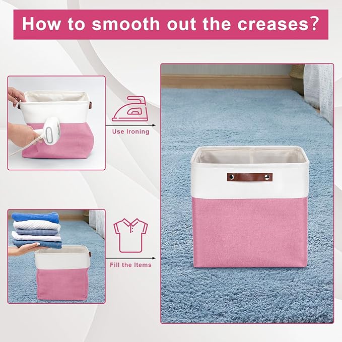 13x13 Cube Storage Bins, Collapsible Fabric Storage Box, 4 Pack Closet Baskets with Handles for Organizing, Shelf, Toys, Clothes, Home, Office, Nursery (Pink&White)