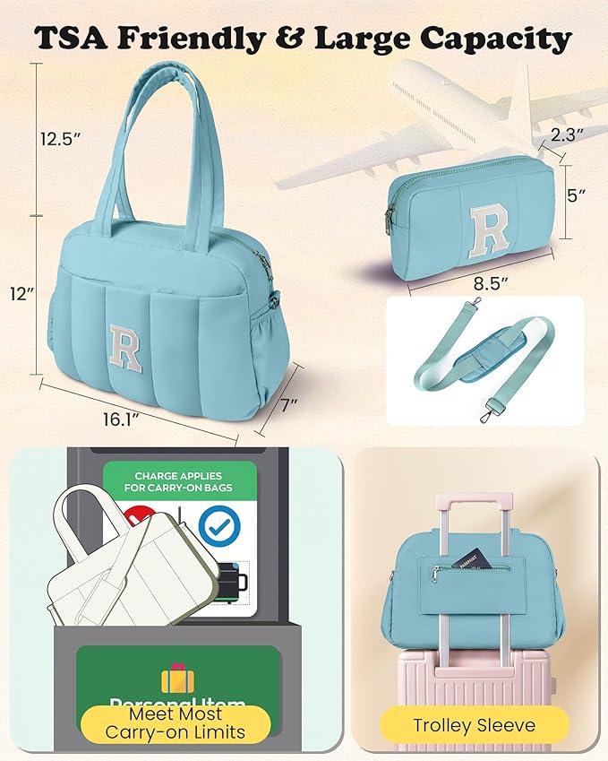 Duffle Bag, Weekender Bags for Girl，Initial Overnight Bag with Wet Pocket，Lightweight Dance Bags Personalized Gymnastics bag with Makeup Pouch-Birthday Gifts for 10 11 12 13 Year Old Girls