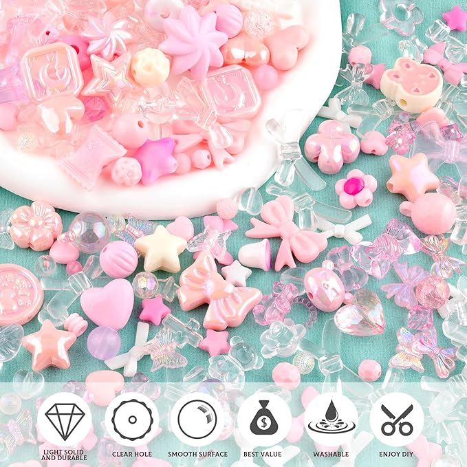 Assorted 170-230PCS Pink Acrylic Beads for Bracelet Making, Flower Bow Butterfly Candy GummyBear Aesthetic Bracelet Charms,Cute Beads for Jewelry Making DIY Necklace Keychain Phone Charm