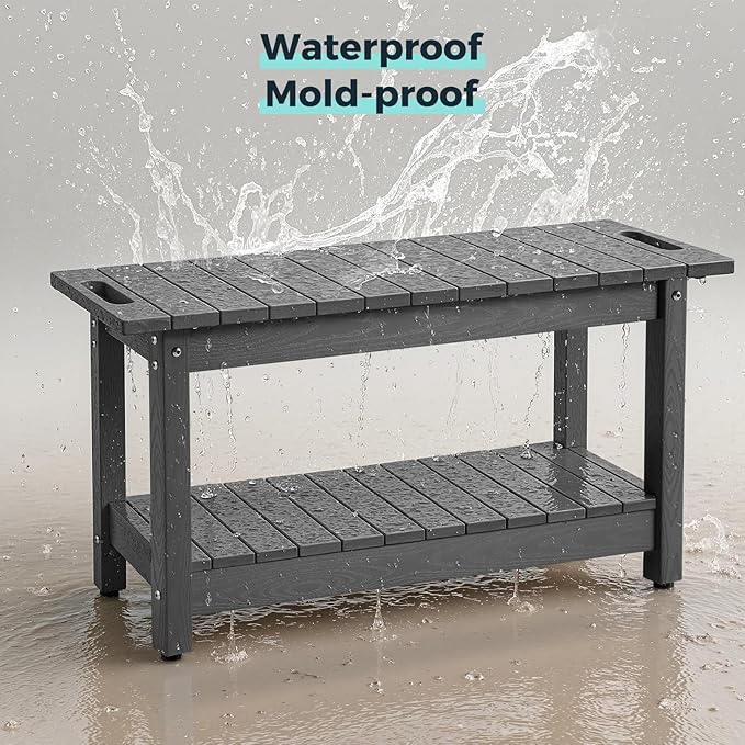 35" Shower Bench, Waterproof Poly Lumber Shower Stool for Shaving Legs, Shower Chair Seat Holds up to 400lbs, Bathroom Bench for Inside Shower, Non-Slip (Grey)