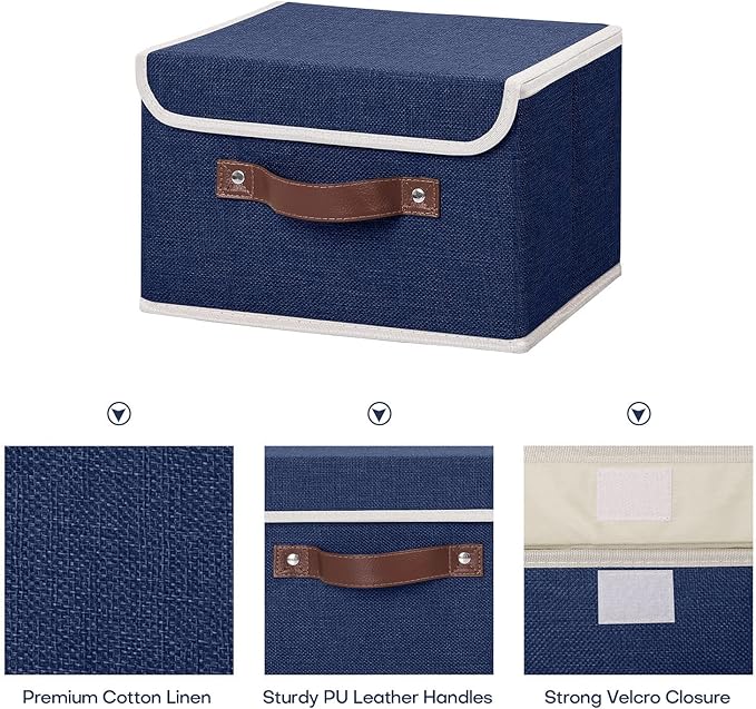 ANMINY Storage Bin with Lid Storage Boxes with PU Leather Handles PP Plastic Board Decorative Foldable Lidded Cotton Linen Fabric Home Cubes Baskets Closet Organizer Container - Blue, Small Size