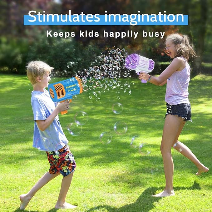 Bubble Gun Bazooka Machine with Solution - 69 Holes Blaster for Outdoor Summer Toy, Party Favors - Blue Bubble Maker Blowers for Kids