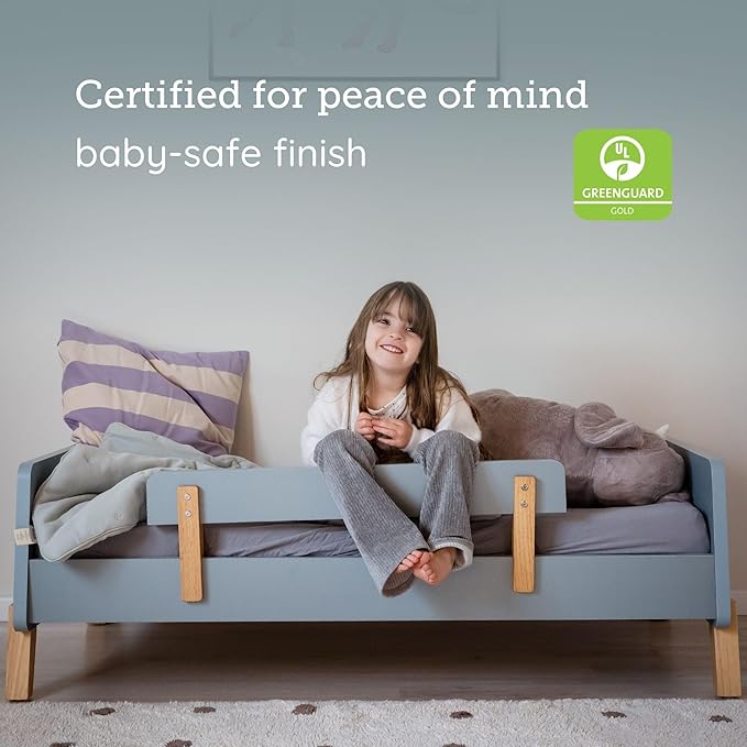 dadada Muse Blue Toddler Bed with 2 Removable Safety Rails. Low Profile Montessori Bed. Sturdy Solid Wood Frame, Fits Standard Crib Mattress, Easy to Assemble, Toddler Bed for Boys & Girls - Blue