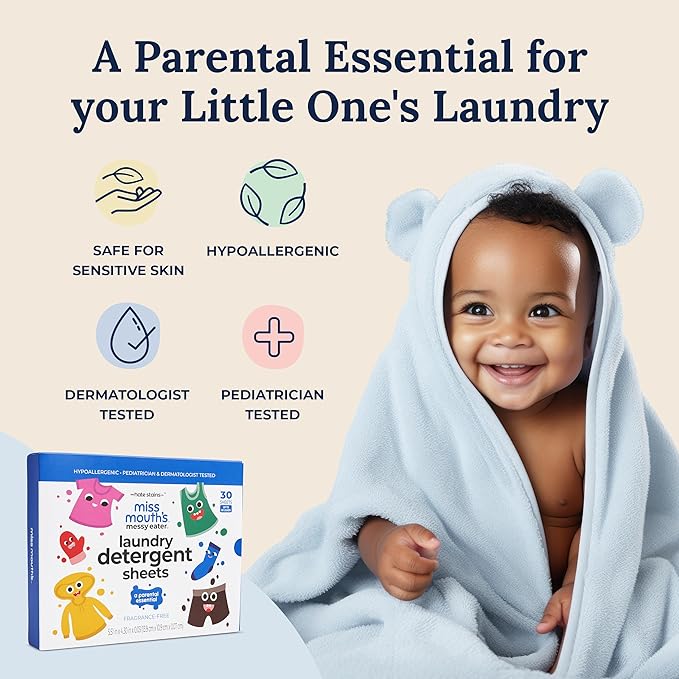 Miss Mouth's Messy Eater Laundry Detergent Sheets - Laundry Detergent, Hypoallergenic, Sensitive Skin Safe, Pediatrician and Dermatologist Tested, Fragrance Free, Travel Friendly, 60 loads