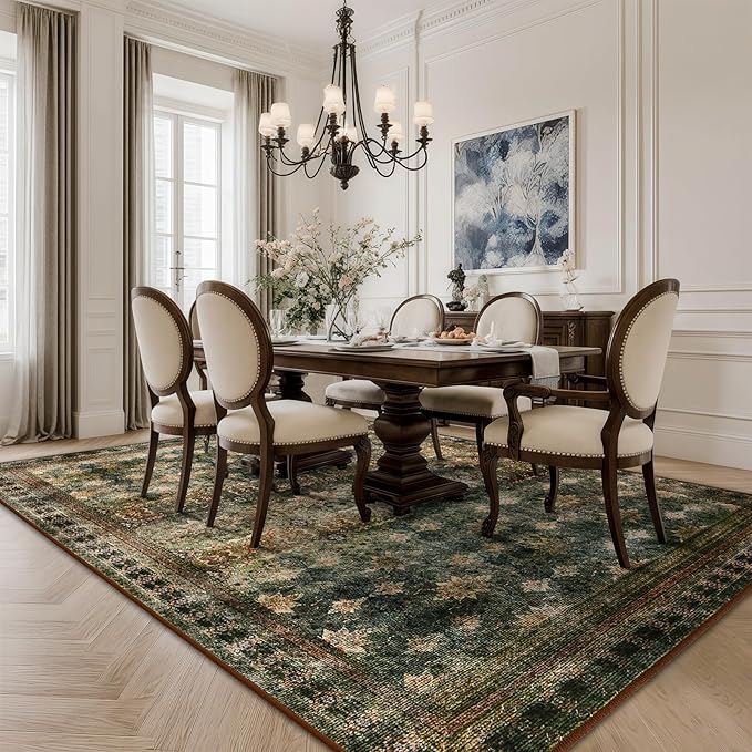 6x9 Washable Area Rug Non Slip, Thin Vintage Floral Living Room Rug Low Pile, Indoor Large Distressed Print Carpet for Bedroom, Dining Room, Farmhouse, Home Office, Dorm(Dark Green/Brown/Multi)
