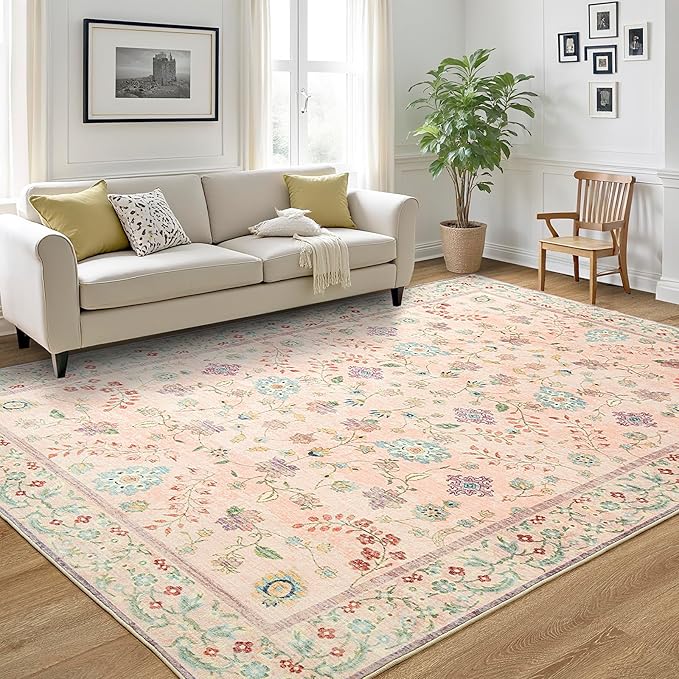 LOCHAS Washable Area Rugs 6x9, Pink Floral Rug for Living Room Bedroom Non Slip, Ultra Soft Vintage Indoor Carpet for Kids, Nursery, Dorm, Dining Room, Classroom, Boho Flower Home Decor, Low-Pile
