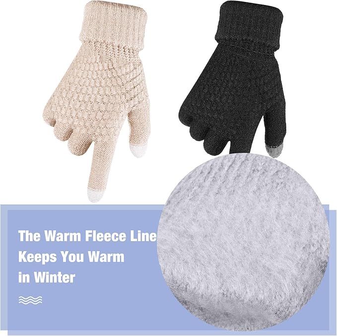 Geyoga 2 Pairs Women's Winter Touch Screen Gloves Soft Warm Fleece Lined Knit Elastic Cuff Winter Texting Gloves