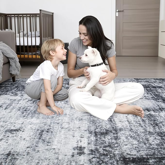 6x9 Area Rug Living Room Rug: Washable Modern Abstract Soft Thin Rug Indoor Floor No Slip Stain Resistant Carpet for Bedroom Dining Room Farmhouse Nursery Home Office - Dark Black