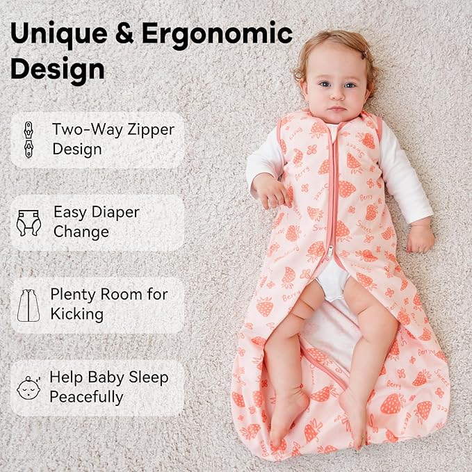 Baby Sleep Sack 12-18 Months 0.5 Tog Wearable Blanket Baby, 3 Pack 100% Cotton Lightweight Sleeping Sack with 2-Way Zipper for Infant Toddler Strawberry