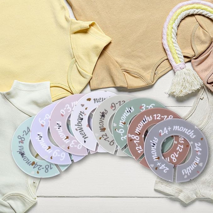 8 Pcs Baby Closet Dividers Unisex Baby Clothes Organizers Clear Labels for Nursery Closet Organizer & Decor Nursery Fits Most Rods(Donut,Light Color)