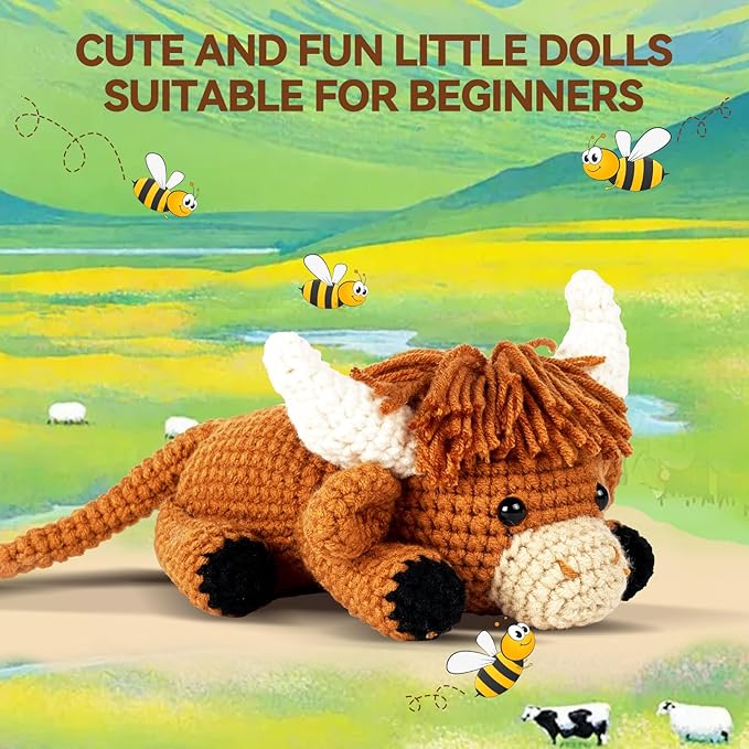 Crochet Kit for Beginners, Learn to Crochet, Include Easy Knitting Soft Yarn, Step-by-Step Video Tutorial, Hook, Holiday Birthday Gift for Adults and Kids(Highland Cow)