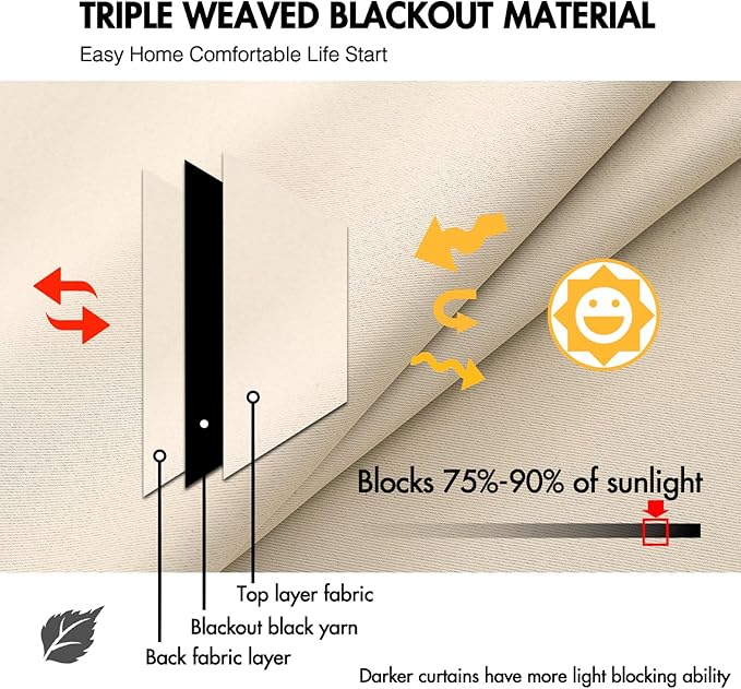 ANRODUO Back Tab Blackout Curtains for Bedroom Living Room, Rod Pocket Pinch Pleated Thermal Insulated Room Darkening Curtains 102 Inches Long 2 Panels, Cream Beige, 52 x 102 Inch