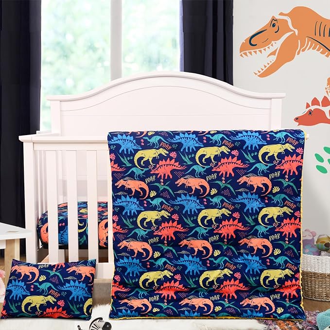 Cloele Crib Bedding Set for Boys,3 Piece Dinosaur Crib Bedding Set,Include Soft Baby Comforter,Breathable Fitted Sheet & Pillowcase,Navy Blue Nursery Baby Bedding for Boys