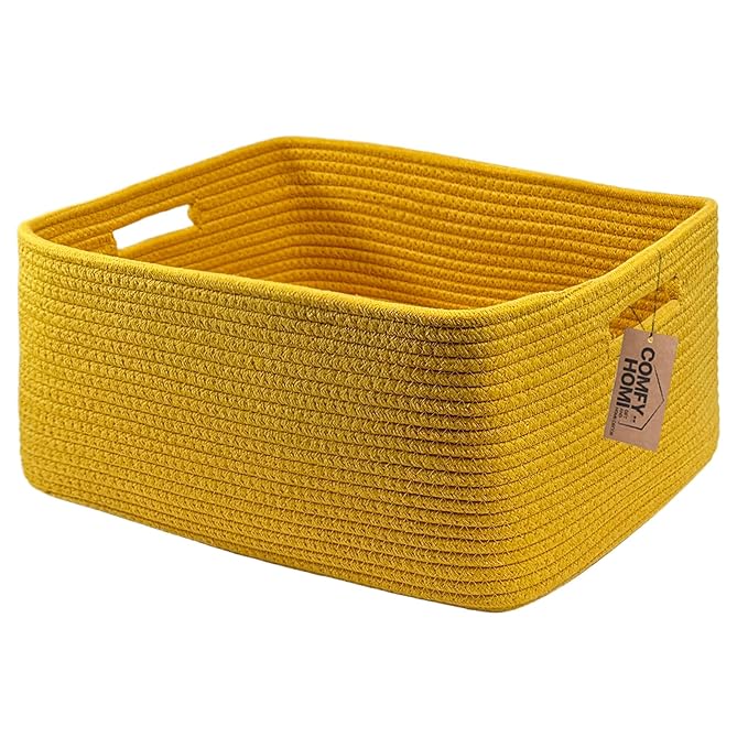 COMFY-HOMI Cotton Rope Woven Basket with Handles for Shelves,Toys,Book, Cloth Storage Baskets for Organizing-17" x 13" x 7.5" Toy Decorative Organizer for Living Room, Bathroom （Yellow）