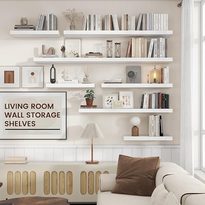 Floating Shelves - 2 Large Wall Mounted Shelves with Invisible Brackets, Long Wood Floating Wall Shelf for Living Room, Bedroom, Kitchen (White, 24" W x 9" D x 1.5" H)