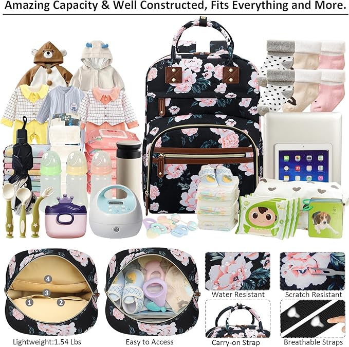 Diaper Bag Backpack Tote for Women Large Capacity with Insulated Pockets Multifunctional Diaper Bags For Baby Girl Boy Waterproof Baby Bags, Maternity Bag Black Pink Floral