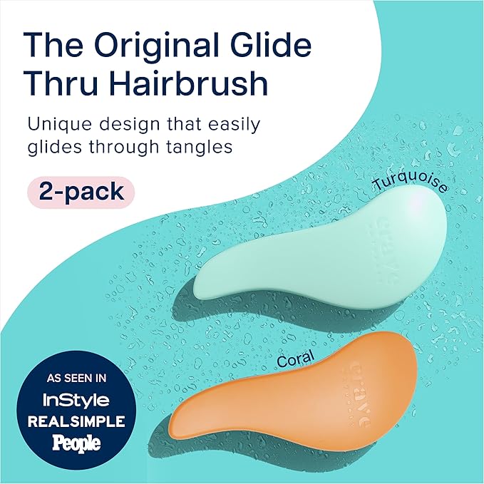 Crave Naturals Glide Thru Hair Brush - 2 Pack Detangler Brush for Curly, Straight, Wet or Dry Hair - Gentle Detangling Brushes for Adults, Kids, Toddlers, 7.5"x3" - Coral and Turquoise