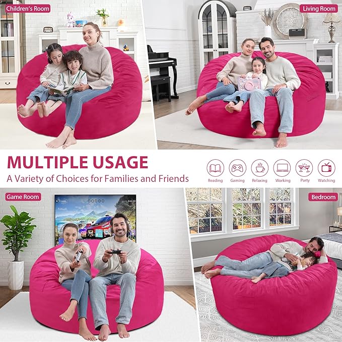 5FT Bean Bag Chair, Large Bean Bag Chairs with Memory Foam Filled, Fluffy Beanbag Sofa with Dutch Velvet Cover, Round BeanBag Chairs for Living Room, Playroom - Pink