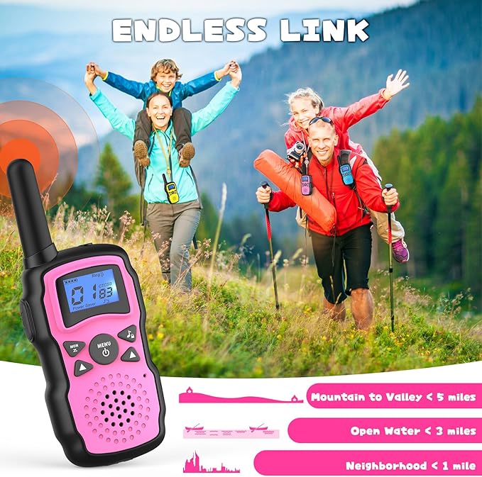 Wishouse Walkie Talkies for Kids Rechargeable with USB Charger 6000mAh Battery,Outdoor Camping Games with Flashlight Lanyard,Toys for Girls,Halloween Xmas Birthday Gift for Children 2 Pack Pink Purple