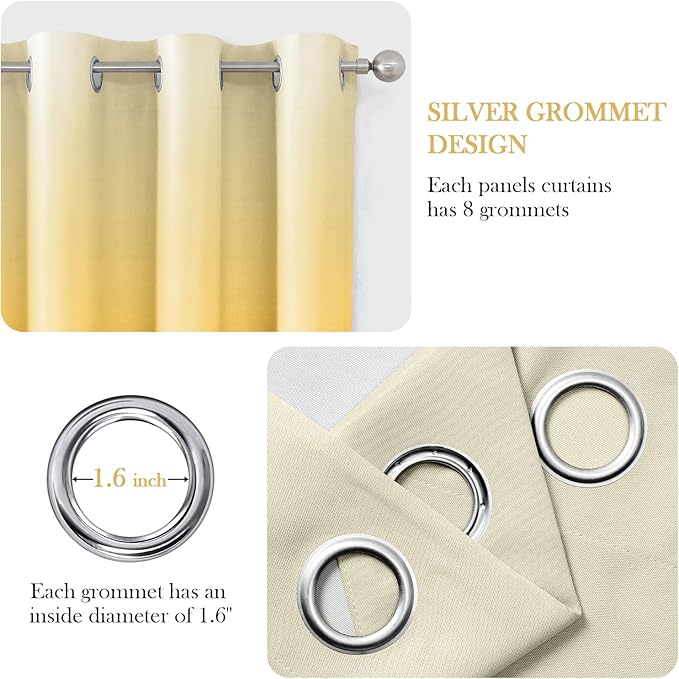 HOMEIDEAS Yellow Ombre Blackout Curtains 52 X 63 Inch Length Gradient Room Darkening Thermal Insulated Energy Saving Grommet 2 Panels Window Drapes for Living Room, Bedroom