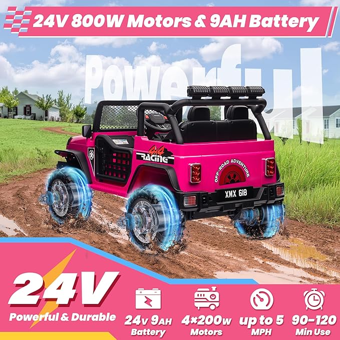 24V 4WD Ride on Truck Car w/800W Motors, Gift Flower, Remote Control, 2 Seaters, Light Bar, 3 Speeds, Pop Music, Power Four Wheels, 24 Volt Ride on Toy Car for Big Kids, Rose Red