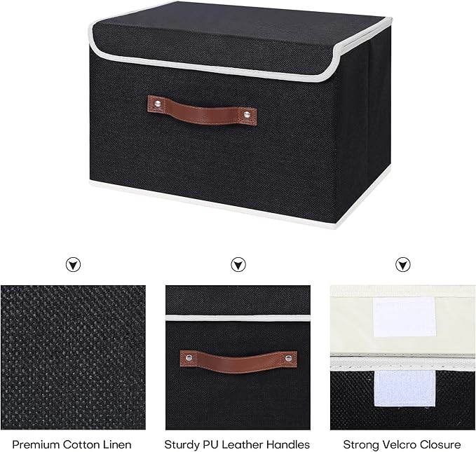 ANMINY 4PCS Storage Bins with Lid PU Leather Handles Storage Boxes PP Plastic Board Decorative Foldable Lidded Cotton Linen Fabric Home Cubes Baskets Closet Organizer Containers - Black, Large Size