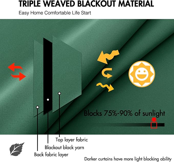 ANRODUO Back Tab Blackout Curtains for Bedroom Living Room, Rod Pocket Pinch Pleated Thermal Insulated Room Darkening Curtains 90 Inches Long 2 Panels, Hunter Green, 42 x 90 Inch