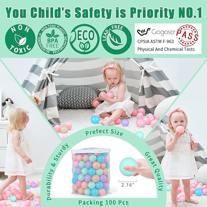 GOGOSO Ball Pits Balls for Toddlers Pack of 50 100 200 Plastics Shape Ball Non-Phthalate Non-BPA Non-Toxic 2.2-Inch Crush Proof Play Balls