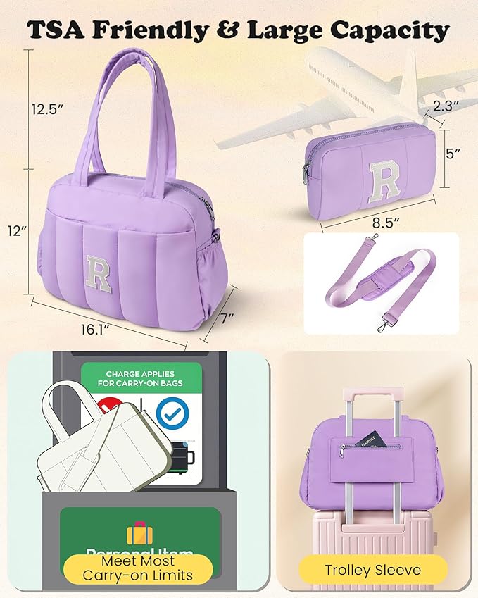 Initial Duffle Bag, Carry On Bags for Women，Gifts for Granddaughter-Overnight Bag with Wet Pocket，Lightweight Travel Bags Personalized Gym Tote with Makeup Pouch