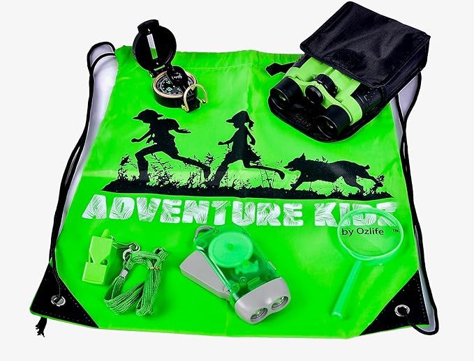 Adventure Kidz Outdoor Exploration Kit, Children’s Binoculars with Case, Flashlight, Compass, Whistle, Magnifying Glass, Backpack. Great Kids Gift Set for Camping, Hiking, STEM and Pretend Play
