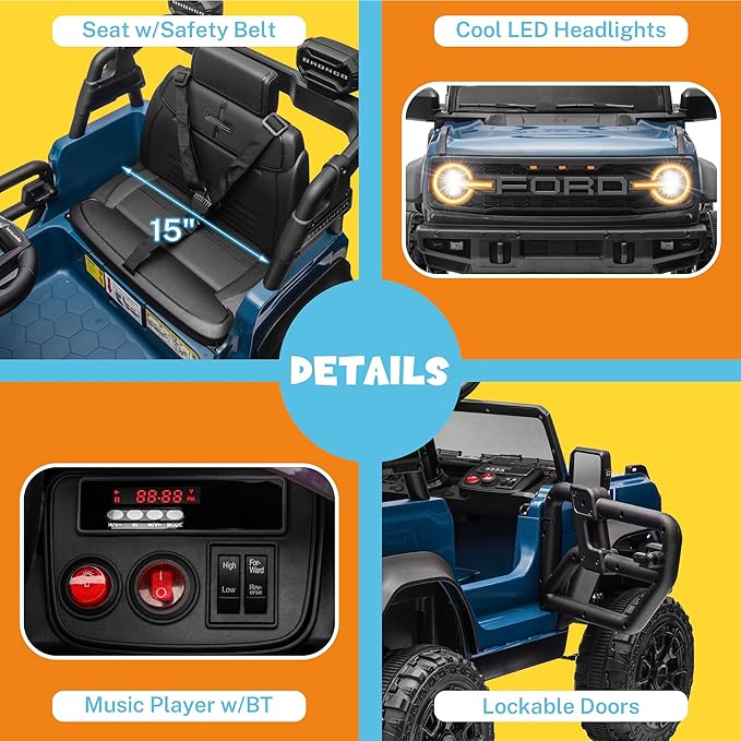 ENYOPRO Licensed Ford Bronco Raptor Electric Ride On Jeep for Kids, 12V Remote Control Ride On Car for Toddlers, Electric Vehicle w/Shock Absorbers, Soft Start, Bluetooth, LED Lights, 2 Speed (Blue)