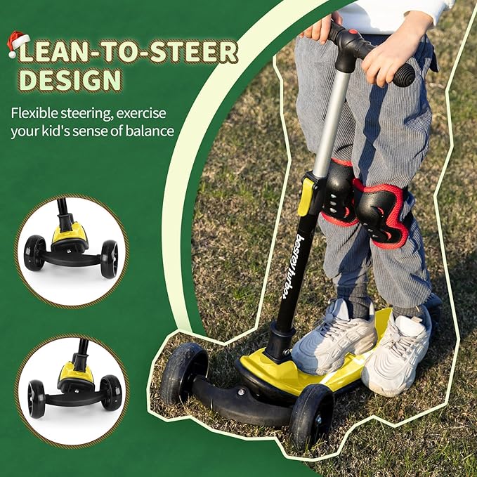 Besrey Kick Scooter for Kids Ages 3-10, 3-Wheel Folding Scooter with Adjustable Height, LED Light Wheels, Extra Wide Deck for Outdoor Activities