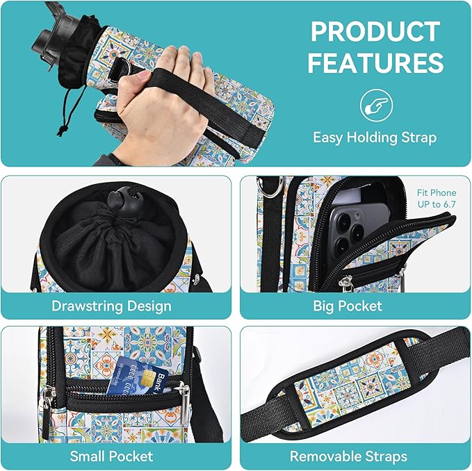 icolor Water Bottle Carrier Bag with Strap 25/32/40 oz Crossbody Bottle Holder with Phone Pocket Sling Sleeve Insulated Neoprene Water Bottle Pouch for Walking Travelling