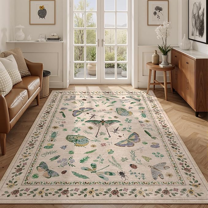 5x7 Washable Area Rug with Insect Print - Bug Rug Non-Shedding Stain Resistant Soft Carpet for Bedroom, Low Pile Ultra-Thin Machine Washable Carpet for Dining Room, Kids Nursery, Office (5'x7' Beige)