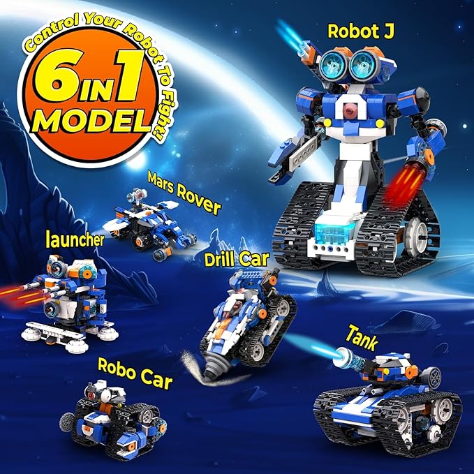 Robot J Creative Building Kit With Storage Box, 6-in-1 Programmable App Remote Control Tank STEM Learning Toy, Educational Coding Gifts for 7-12 Years Old Kids