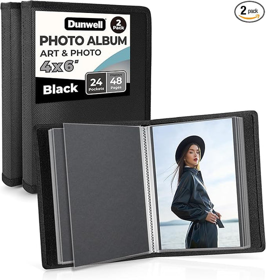 Dunwell 4x6 Photo Album (2-Pack, Black), Mounting Paper, Small 4 x 6 Art Portfolio Presentation Binder, 24 Clear Sleeves Show 48 Pages, Professional Picture Book for Artwork, Postcards