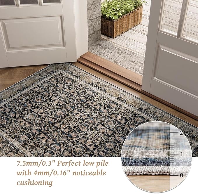 Washable 9x12 Area Rugs for Living Room, Boho Non-Slip Silicone Backing Rugs for Bedroom Dining Room Nursery Office, 0.3" Neutral Oriental Throw Carpet with 0.16" Cushioning Pad, Black/Multi